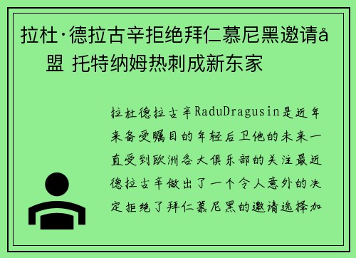 拉杜·德拉古辛拒绝拜仁慕尼黑邀请加盟 托特纳姆热刺成新东家 拉杜·德拉古辛拒绝拜仁慕尼黑邀请加盟 托特纳姆热刺成新东家